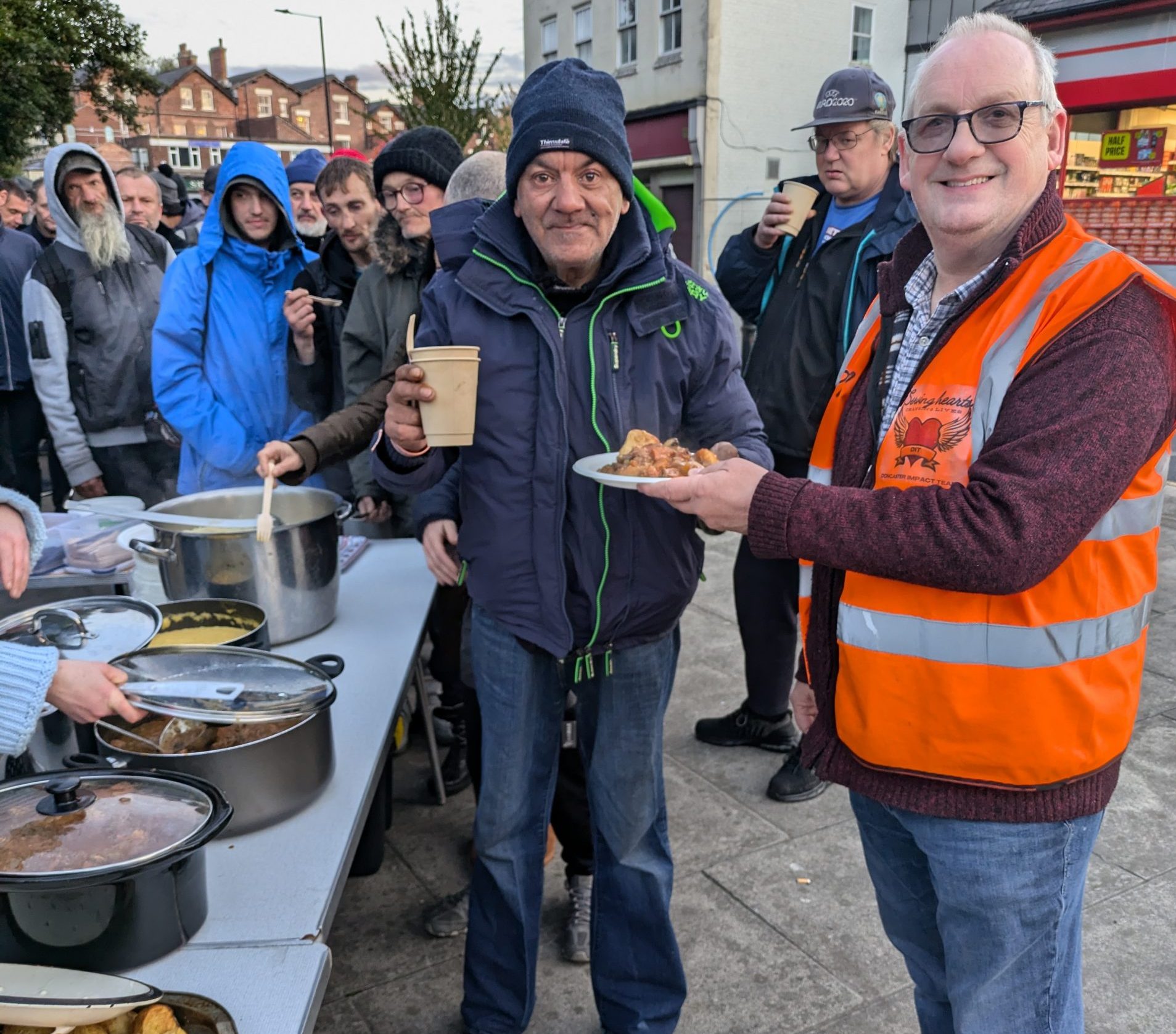 Sometimes inside, sometimes out. Always hot food and drink options